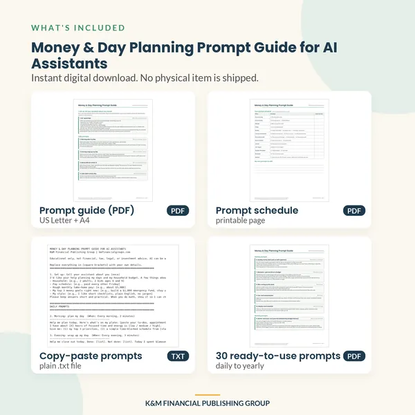 Money & Day Planning Prompt Guide for AI Assistants: what's included (mockup)