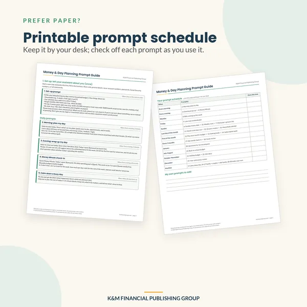 Money & Day Planning Prompt Guide for AI Assistants: printable pages (mockup)