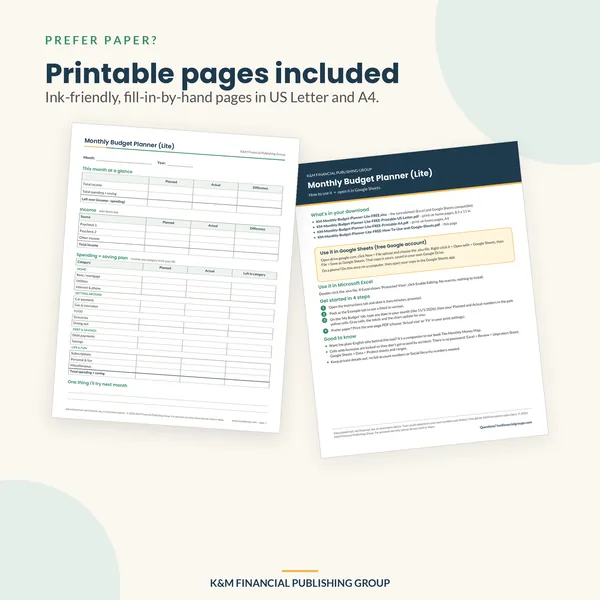 Monthly Budget Planner (Lite): printable pages (mockup)