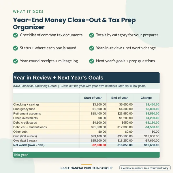 Year-End Money Close-Out & Tax Prep Organizer: features (mockup)