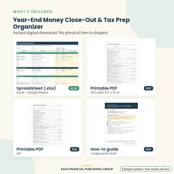 Year-End Money Close-Out & Tax Prep Organizer: what's included (mockup)