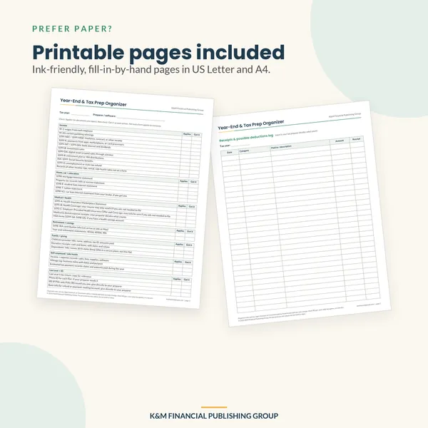 Year-End Money Close-Out & Tax Prep Organizer: printable pages (mockup)